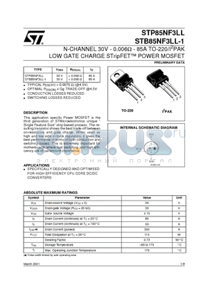 STB85NF3LL-1 datasheet - N-CHANNEL 30V - 0.006ohm - 85A TO-220/I2PAK LOW GATE CHARGE STripFET POWER MOSFET