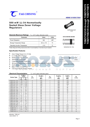 TCBZV79B20 datasheet - 500 mW LL-34 Hermetically Sealed Glass Zener Voltage Regulators