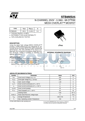 STB8NS25 datasheet - N-CHANNEL 250V - 0.38ohm - 8A D2PAK MESH OVERLAY MOSFET