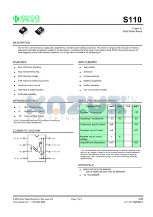 S110 datasheet - 1 Form A Solid State Relay