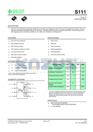 S111 datasheet - 1 Form A Solid State Relay