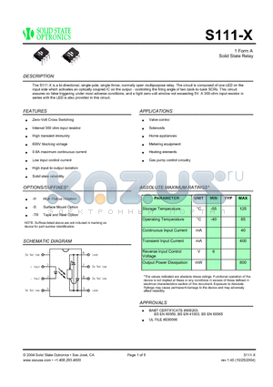 S111-X datasheet - 1 Form A Solid State Relay