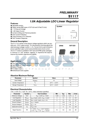 S1117 datasheet - 1.0A Adjustable LDO Linear Regulator