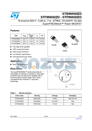 STB9NK60ZD datasheet - N-channel 600 V - 0.85 Y - 7 A - D2PAK, TO-220FP, TO-220 SuperFREDMesh Power MOSFET