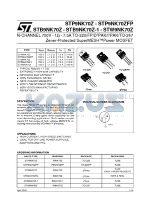 STB9NK70Z datasheet - N-CHANNEL 700V - 1ohm - 7.5A TO-220/FP/D2PAK/I2PAK/TO-247 Zener-Protected SuperMESHPower MOSFET