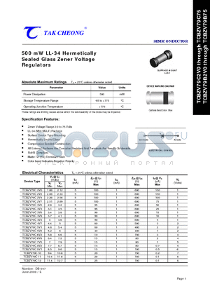 TCBZV79C18 datasheet - 500 mW LL-34 Hermetically Sealed Glass Zener Voltage Regulators