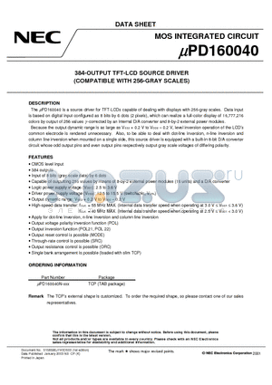 UPD160040 datasheet - 384-OUTPUT TFT-LCD SOURCE DRIVER