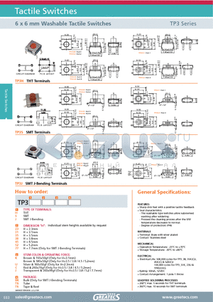 TP3H35KTB datasheet - 6 x 6 mm Washable Tactile Switches