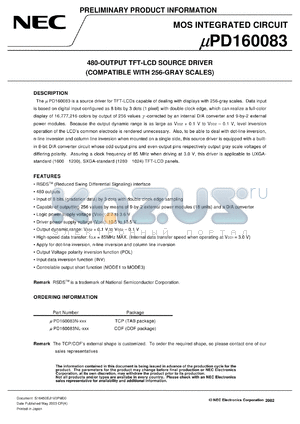 UPD160083NL datasheet - 480-OUTPUT TFT-LCD SOURCE DRIVER