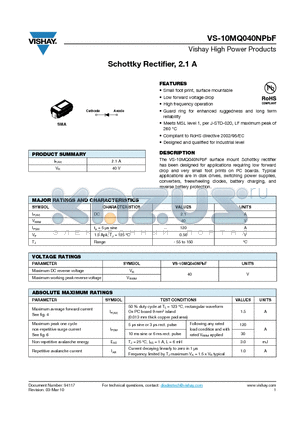 VS-10MQ040NPBF datasheet - Schottky Rectifier, 2.1 A
