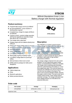 STBC08 datasheet - 800mA Standalone linear Li-Ion Battery charger with thermal regulation