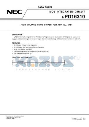 UPD16310 datasheet - HIGH VOLTAGE CMOS DRIVER FOR PDP, EL, VFD