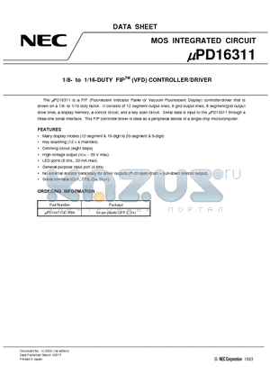 UPD16311 datasheet - 1/8- to 1/16-DUTY FIPTM VFD CONTROLLER/DRIVER