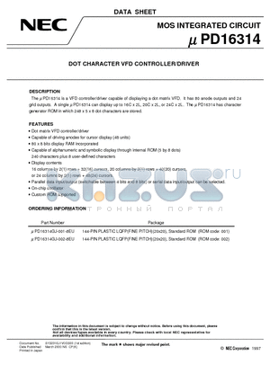 UPD16314 datasheet - DOT CHARACTER VFD CONTROLLER/DRIVER