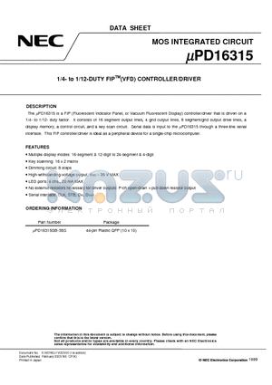 UPD16315 datasheet - 1/4- to 1/12-DUTY FIP(VFD) CONTROLLER/DRIVER