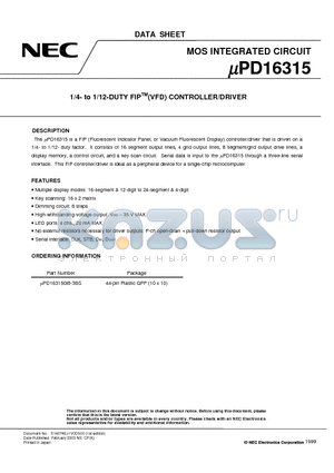 UPD16315GB-3BS datasheet - 1/4- to 1/12-DUTY FIP(VFD) CONTROLLER/DRIVER