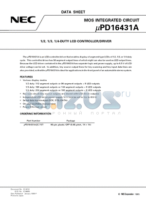 UPD16431AGC-7ET datasheet - 1/2, 1/3, 1/4-DUTY LCD CONTROLLER/DRIVER