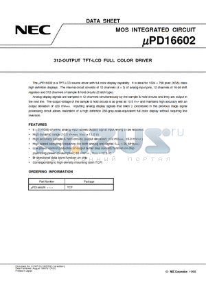 UPD16602 datasheet - 312-OUTPUT TFT-LCD FULL COLOR DRIVER