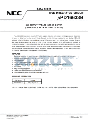 UPD16633BN datasheet - 312 OUTPUT TFT-LCD SORCE DRIVER COMPATIBLE WITH 64 GRAY SCALES