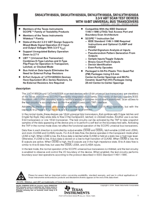 SN74LVTH18502APMG4 datasheet - 3.3-V ABT SCAN TEST DEVICES WITH 18-BIT UNIVERSAL BUS TRANSCEIVERS
