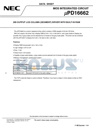 UPD16662N-051 datasheet - 240 OUTPUT LCD COLUMN SEGMENT DRIVER WITH BUILT-IN RAM