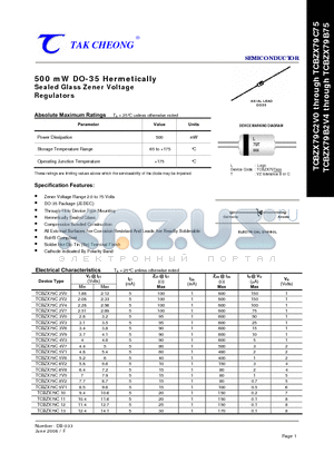 TCBZX79B15 datasheet - 500 mW DO-35 Hermetically Sealed Glass Zener Voltage Regulators