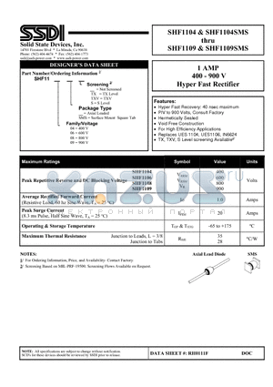 SHF1106 datasheet - 1AMP 400-900V HYER FAST RECTIFIER