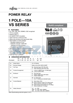 VS-12SMBU-5SM2 datasheet - POWER RELAY 1 POLE-10A