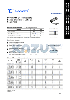 TCBZX79B62 datasheet - 500 mW LL-34 Hermetically Sealed Glass Zener Voltage Regulators