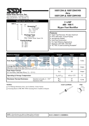 SHF1204SMSS datasheet - 2AMP 400-900V Hyper Fast Rectifier