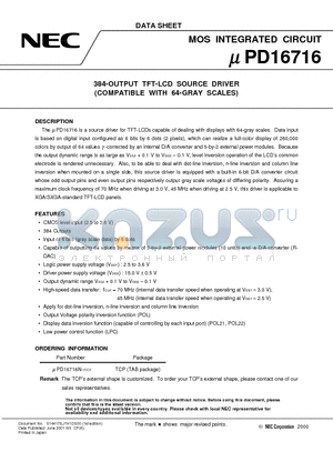 UPD16716N-XXX datasheet - 384-OUTPUT TFT-LCD SOURCE DRIVER (COMPATIBLE WITH 64-GRAY SCALES)