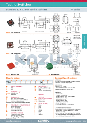 TP4SP4CNTRK12SA datasheet - Standard 12 x 12 mm Tactile Switches