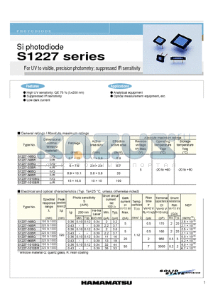 S1227 datasheet - Si photodiode For UV to visible, precision photometry; suppressed IR sensitivity