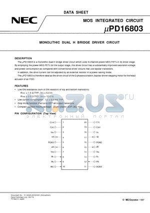 UPD16803 datasheet - MONOLITHIC DUAL H BRIDGE DRIVER CIRCUIT