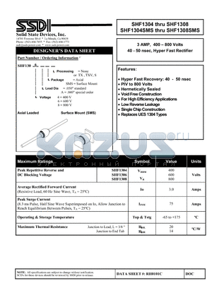 SHF1304SMS datasheet - 3 AMP, 400 - 800 Volts 40 - 50 nsec, Hyper Fast Rectifier