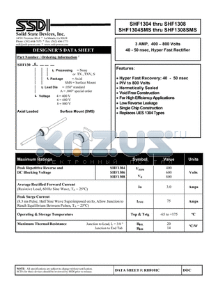 SHF1308SMS datasheet - 3 AMP, 400 - 800 Volts 40 - 50 nsec, Hyper Fast Rectifier