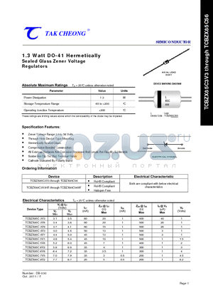 TCBZX85C15 datasheet - 1.3 Watt DO-41 Hermetically Sealed Glass Zener Voltage Regulators