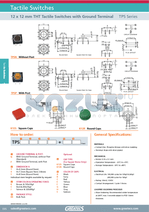 TP5 datasheet - 12 x 12 mm THT Tactile Switches with Ground Terminal