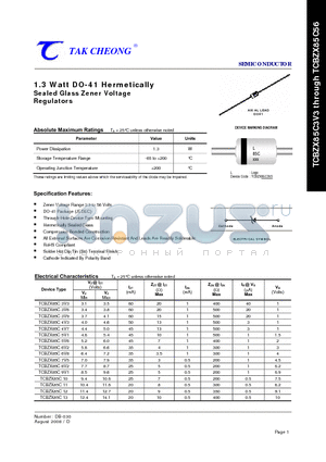 TCBZX85C4V7 datasheet - 1.3 Watt DO-41 Hermetically Sealed Glass Zener Voltage Regulators