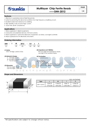 SHH-1M2012-451 datasheet - Multilayer Chip Ferrite Beads