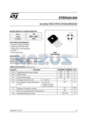STBR406 datasheet - 50-60Hz RECTIFICATION BRIDGE