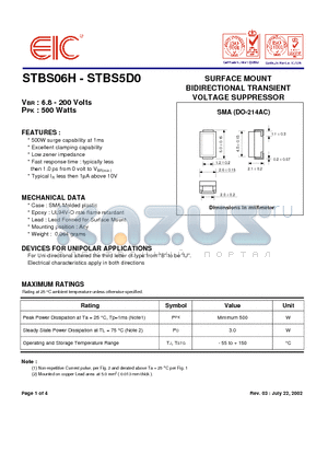 STBS015 datasheet - SURFACE MOUNT BIDIRECTIONAL TRANSIENT VOLTAGE SUPPRESSOR