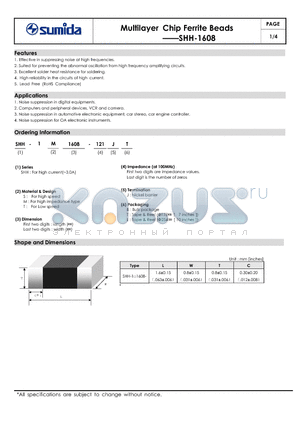 SHH-1S1608-100 datasheet - Multilayer Chip Ferrite Beads