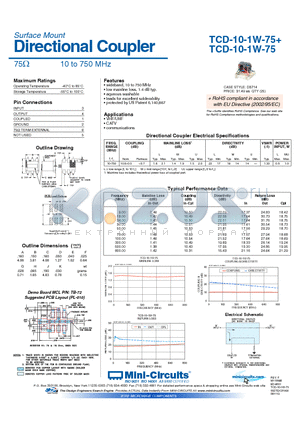 TCD-10-1W-75+ datasheet - Directional Coupler 75Y 10 to 750 MHz