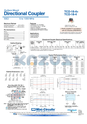 TCD-18-4+ datasheet - Directional Coupler 50Y 5 to 1000 MHz