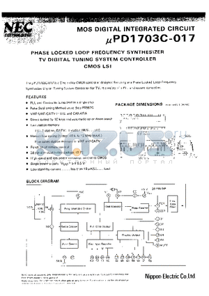 UPD1703C-017 datasheet - PHASE LOCKED LOOP FREQUENCY SYNTHESIZER FM/AM DIGITAL TUNING SYSTEM CONTROLLER CMOS LSI