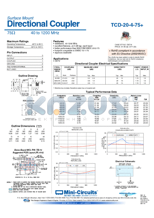 TCD-20-4-75+ datasheet - Directional Coupler 75Y 40 to 1200 MHz