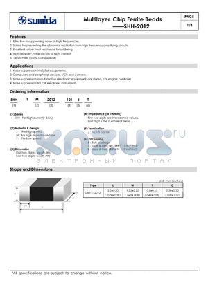 SHH-1T2012-151 datasheet - Multilayer Chip Ferrite Beads