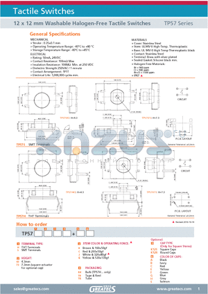 TP57H43CTRK12SA datasheet - 12 x 12 mm Washable Halogen-Free Tactile Switches