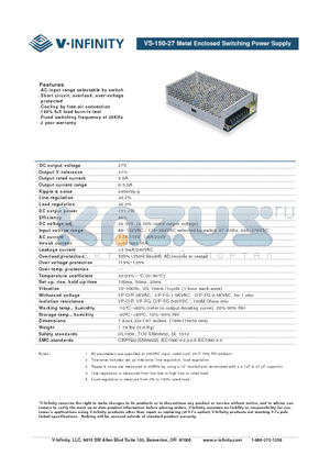 VS-150-27 datasheet - Metal Enclosed Switching Power Supply